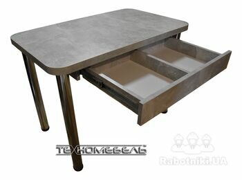 Кухонный стол ТЕХНОмебель с выдвижным ящиком цвета светло серый камень вид сбоку открытый ящик
