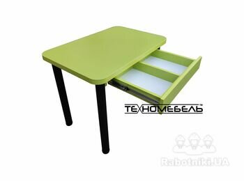 Кухонный стол ТЕХНОмебель с выдвижным ящиком цвет салатовый вид сбоку выдвинут ящик